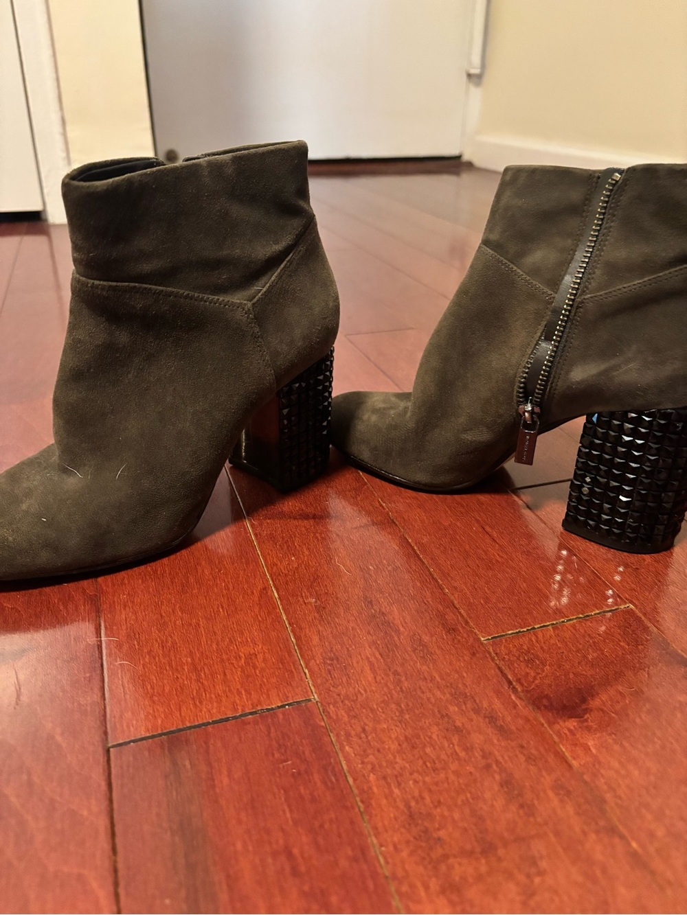 MICHAEL Michael Kors Olive Suede Ankle Booties with Studded Block Heel